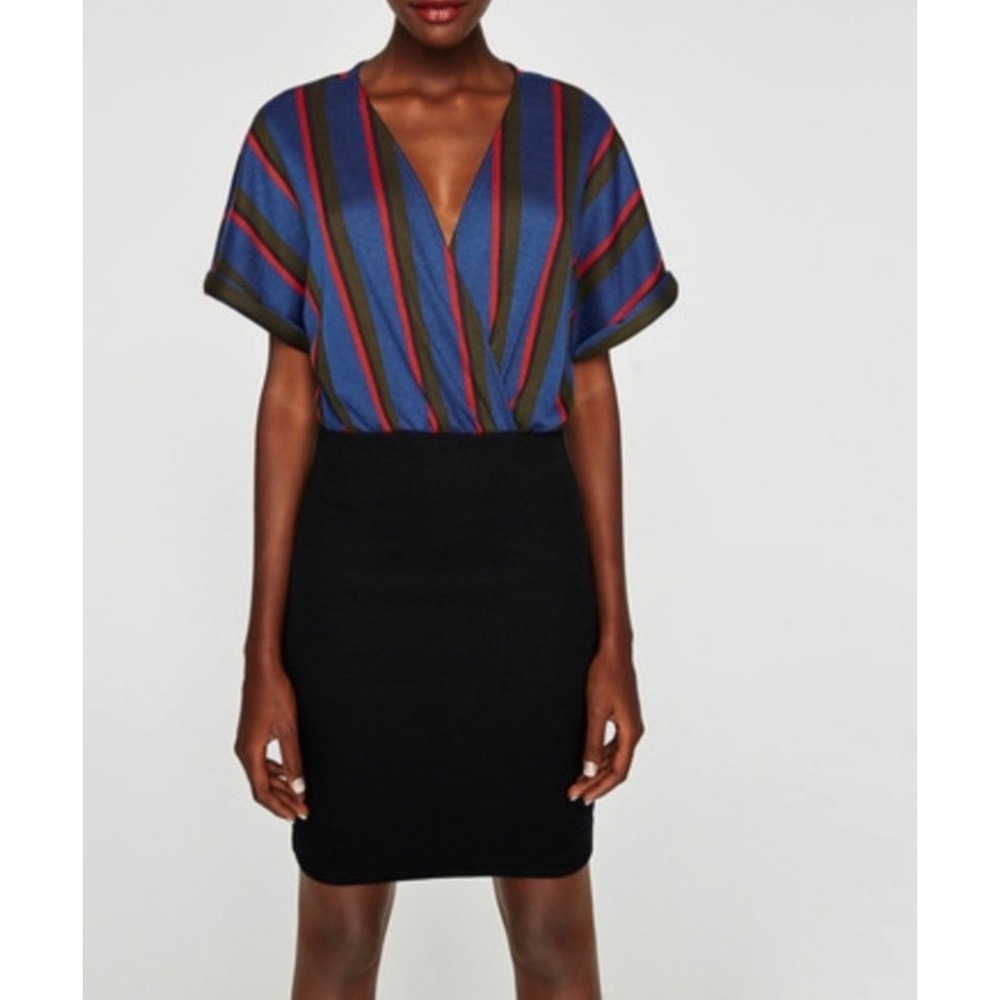 NWT Women's Zara Blue Striped Y2K Bandage Bodycon Cocktail‎ V-Neck Dress Mini M.
